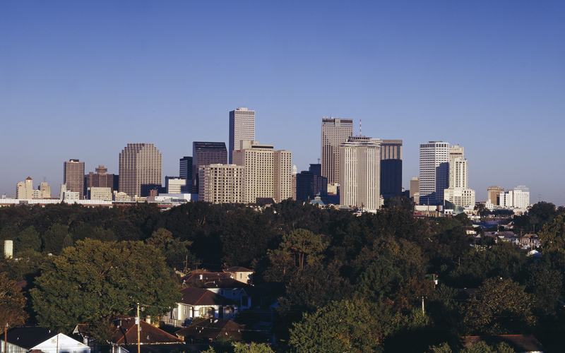 New Orleans skyline seen across the treetops, Louisiana